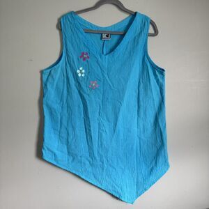 Handmade Tunic Tank Top Womens XL Blue Painted Flowers Asymmetrical Boho Hippie